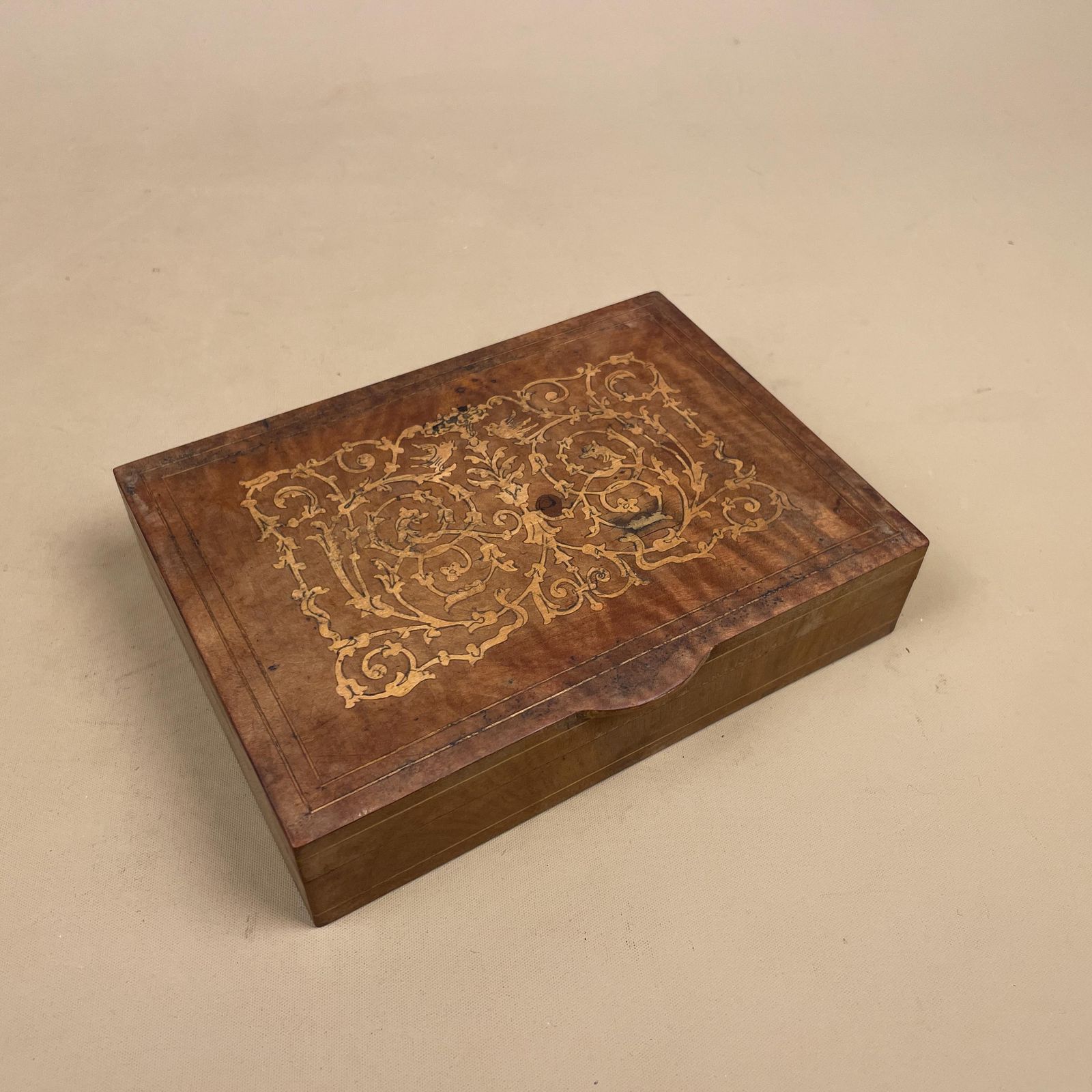 Wooden Rectangle Marquetry Inlay Box Trinket Jewellery Lidded Top Lid Patterned Pattern Handmade Table Top Wood Detailed Ornate Pattern photo for sale