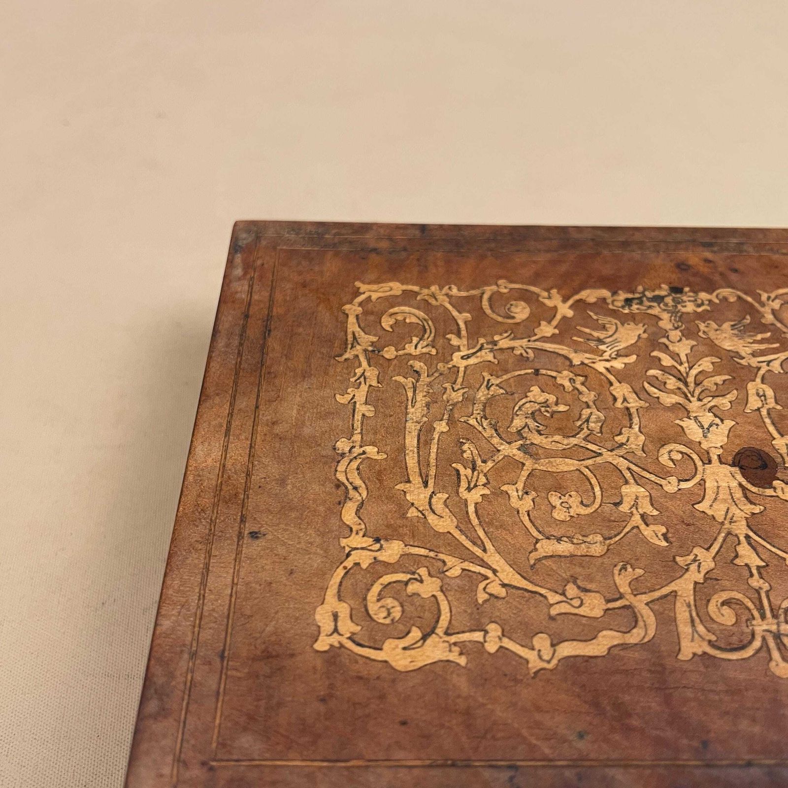 Wooden Rectangle Marquetry Inlay Box Trinket Jewellery Lidded Top Lid Patterned Pattern Handmade Table Top Wood Detailed Ornate Pattern photo buy