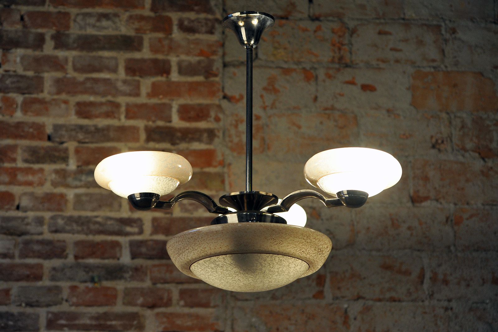 Restored Art Deco Chandelier, Chrome Plated Steel, Marble Glass, Czech, 1920s photo buy