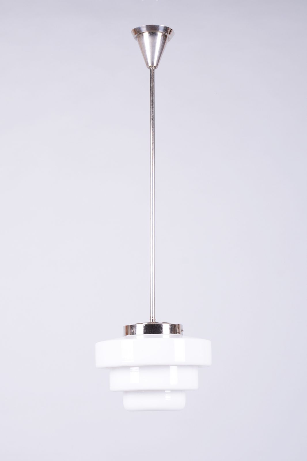 Restored Art Deco Chandelier, Chrome Plated Steel, Opaline Glass, Czech, 1920s