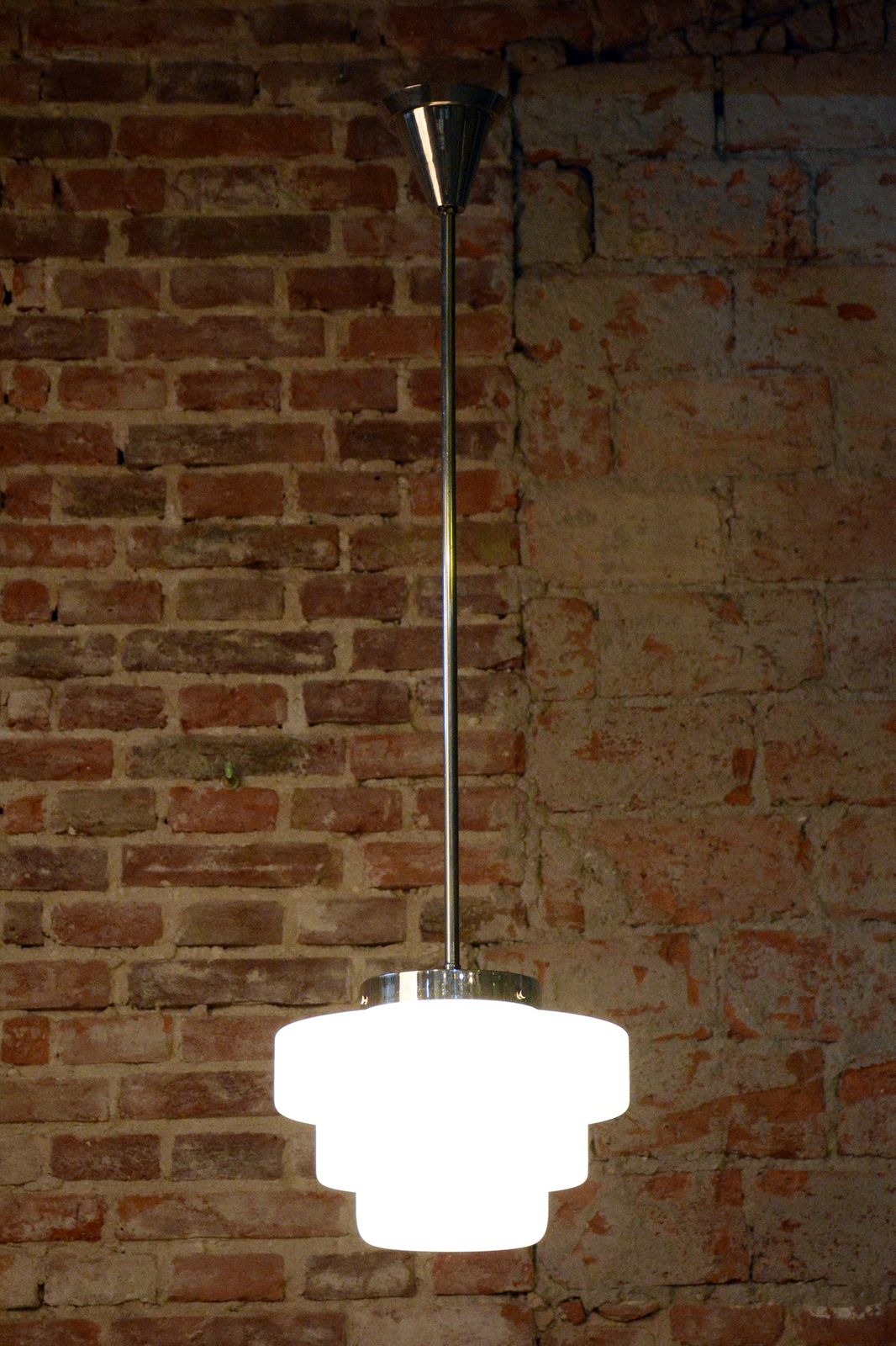 Restored Art Deco Chandelier, Chrome Plated Steel, Opaline Glass, Czech, 1920s photo vintage