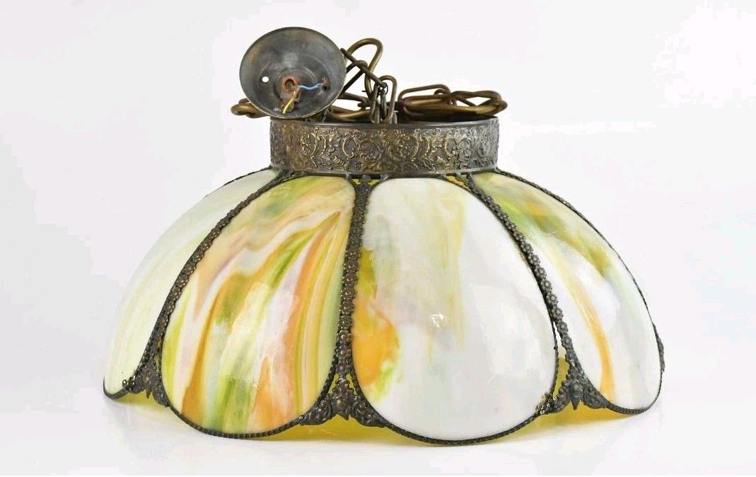 Vintage 1970s Tulip Slag Glass Swag Lamp Green Amber 8 Panel Tiffany Style Light