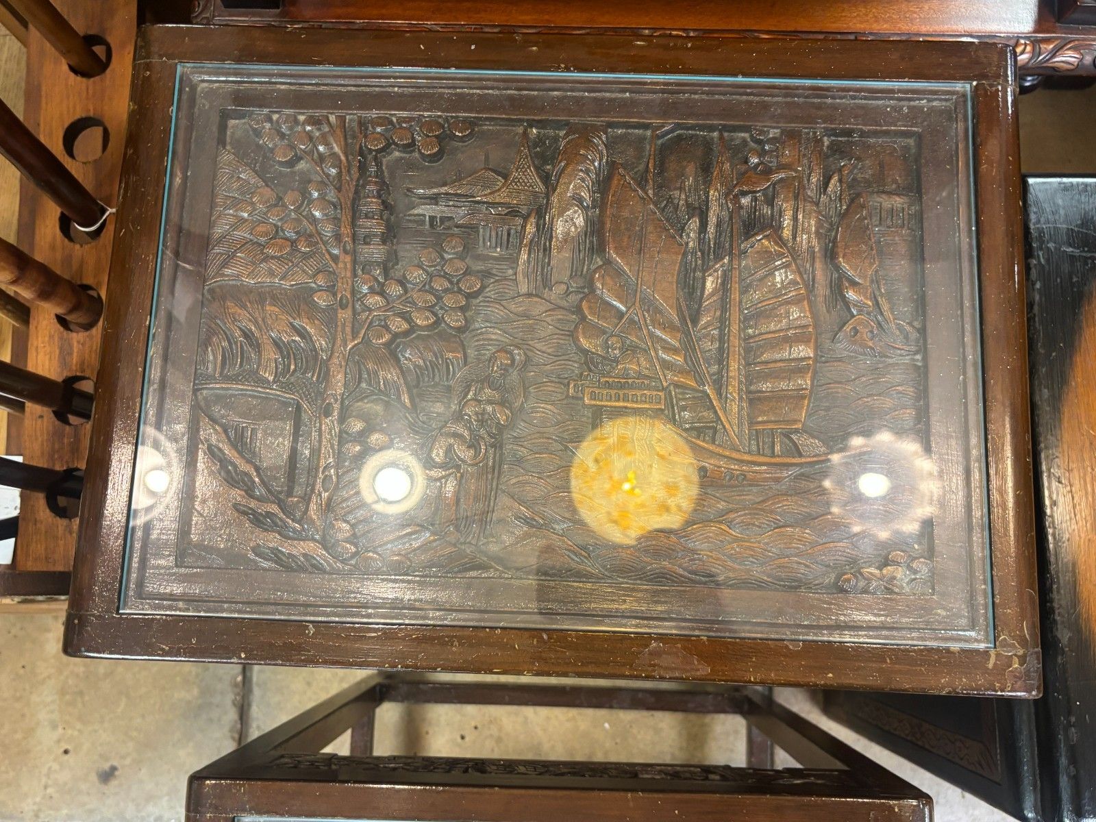 Antique Chinese Heavily Carved Four Nest Of Tables With Glass Tops photo buy