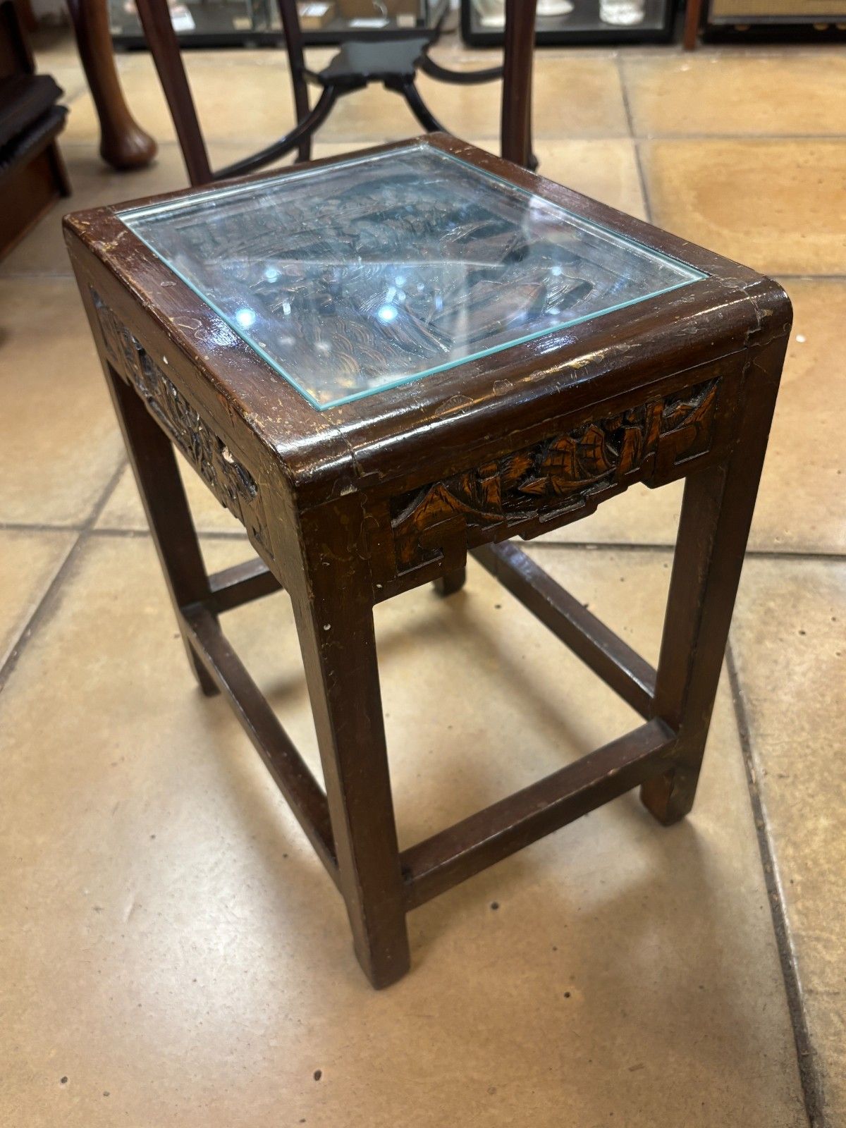 Antique Chinese Heavily Carved Four Nest Of Tables With Glass Tops photo vintage