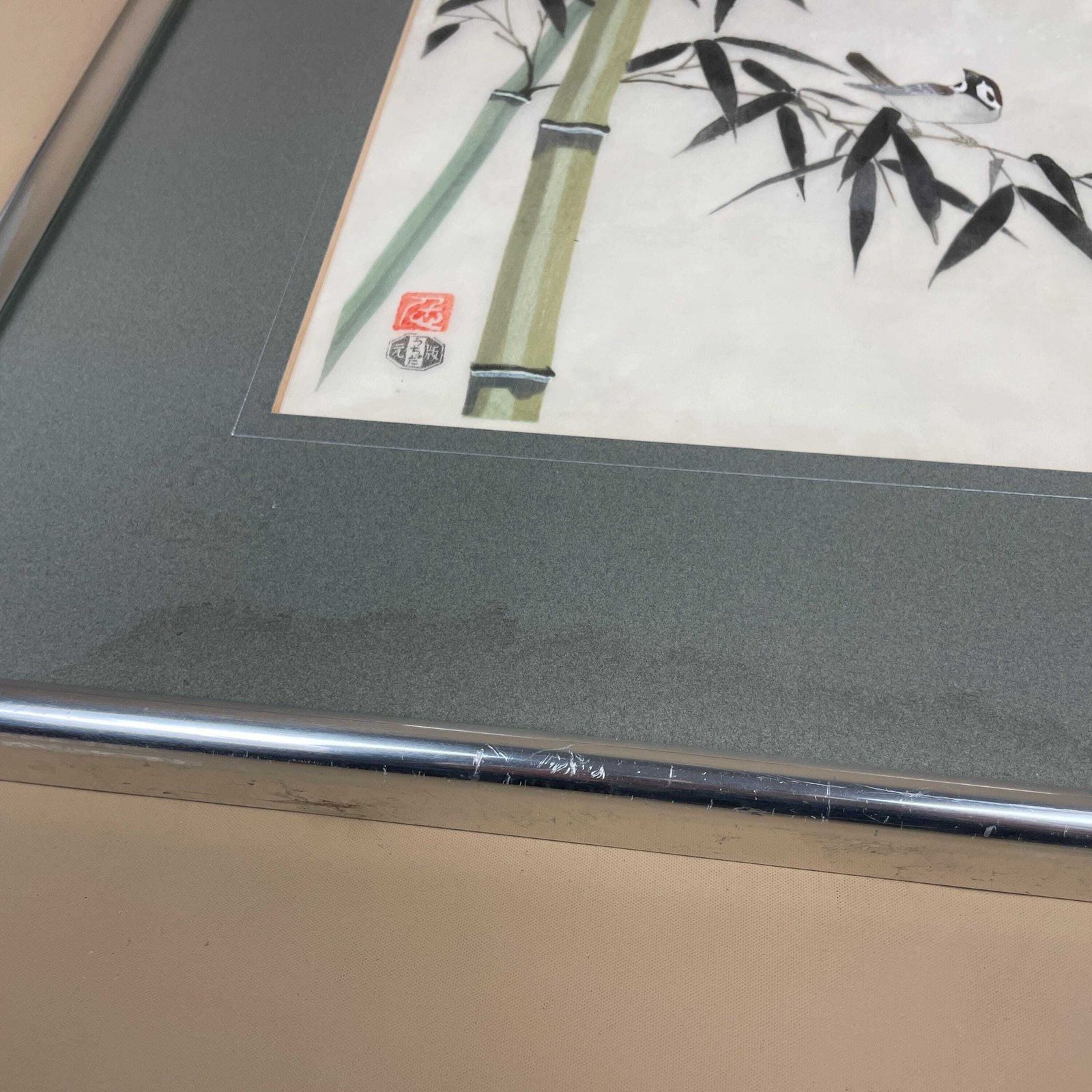 Oriental Hand Painted Picture Framed Vintage Bamboo Birds Silver Frame Wood Art Silk Antique 60x47cm Original Artwork Fabric Block Printed photo vinterior