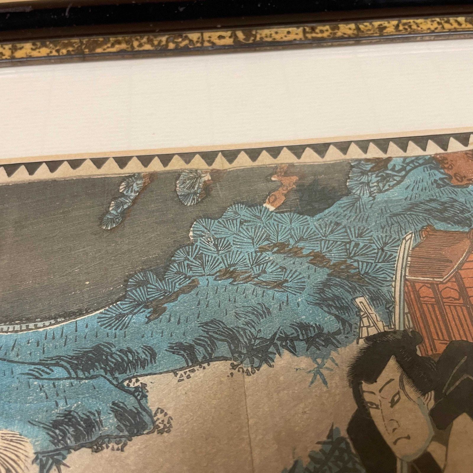 photo furniture Antique Hand Printed Painted Picture Framed Oriental Art Original Print Black Vintage Wood Japanese 38x48cm Original Artwork Japan