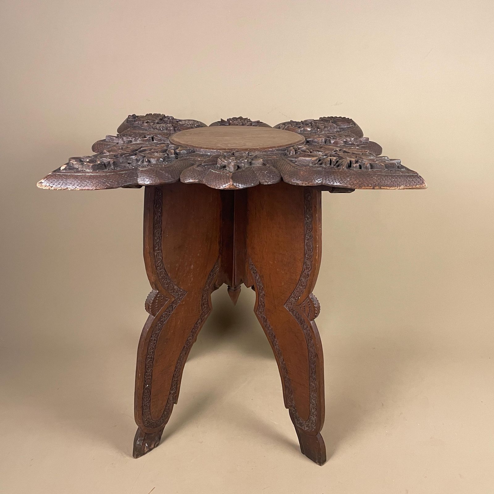 Anglo Indian Wooden Table Fold Down Campaign Decorative Intricate Patterned Hand Crafted Square C.1900 Antique Asian Plant Stand Carved Wood photo vintage