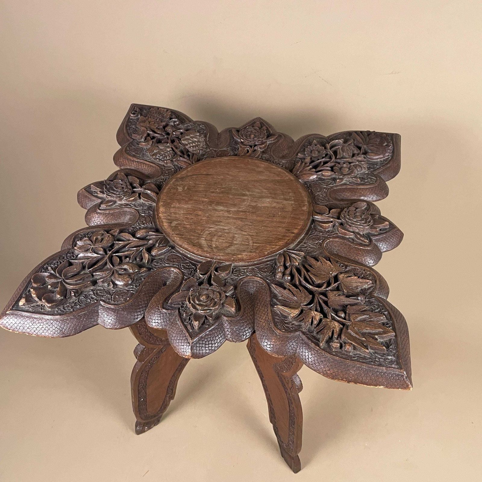 photo for sale Anglo Indian Wooden Table Fold Down Campaign Decorative Intricate Patterned Hand Crafted Square C.1900 Antique Asian Plant Stand Carved Wood