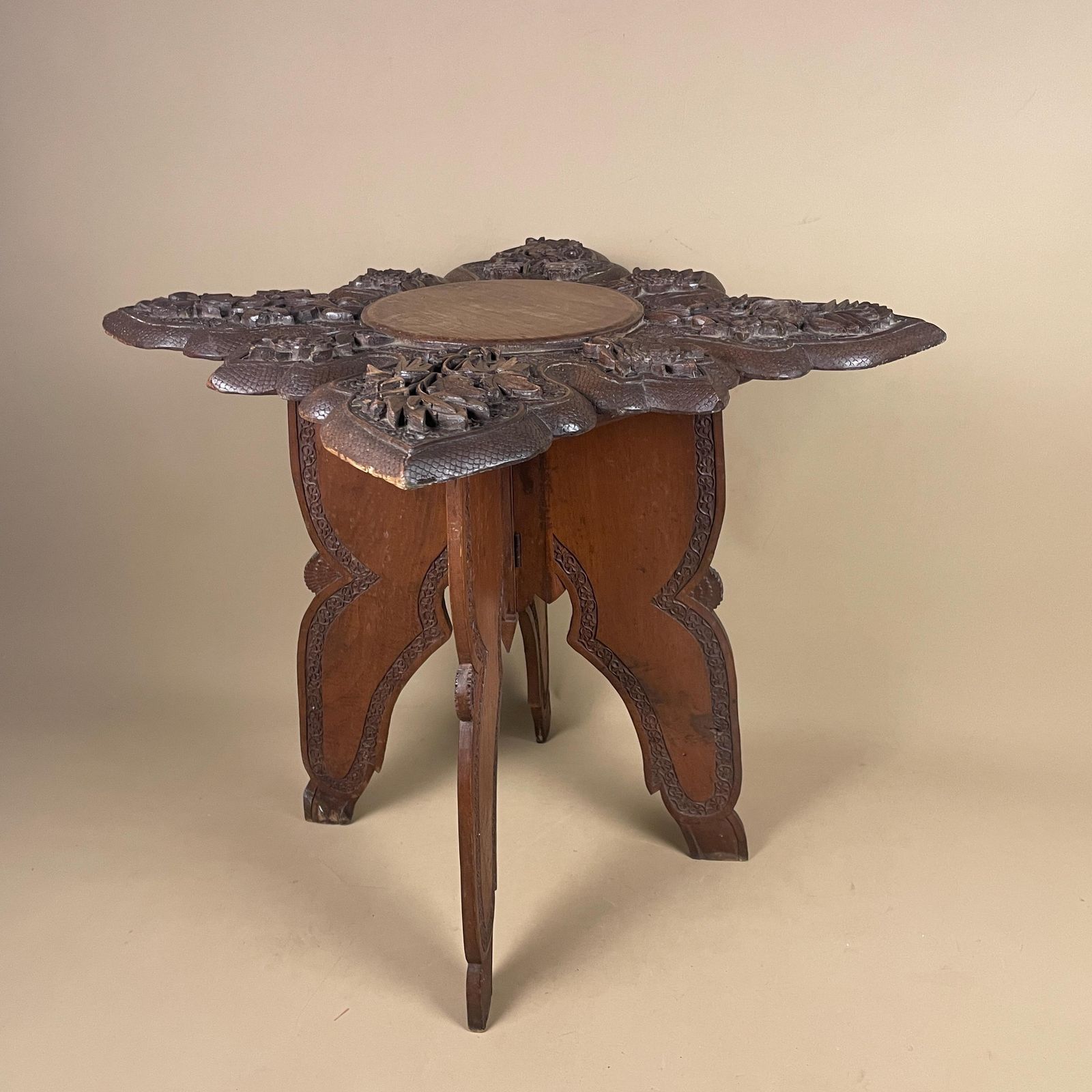 photo vinterior Anglo Indian Wooden Table Fold Down Campaign Decorative Intricate Patterned Hand Crafted Square C.1900 Antique Asian Plant Stand Carved Wood