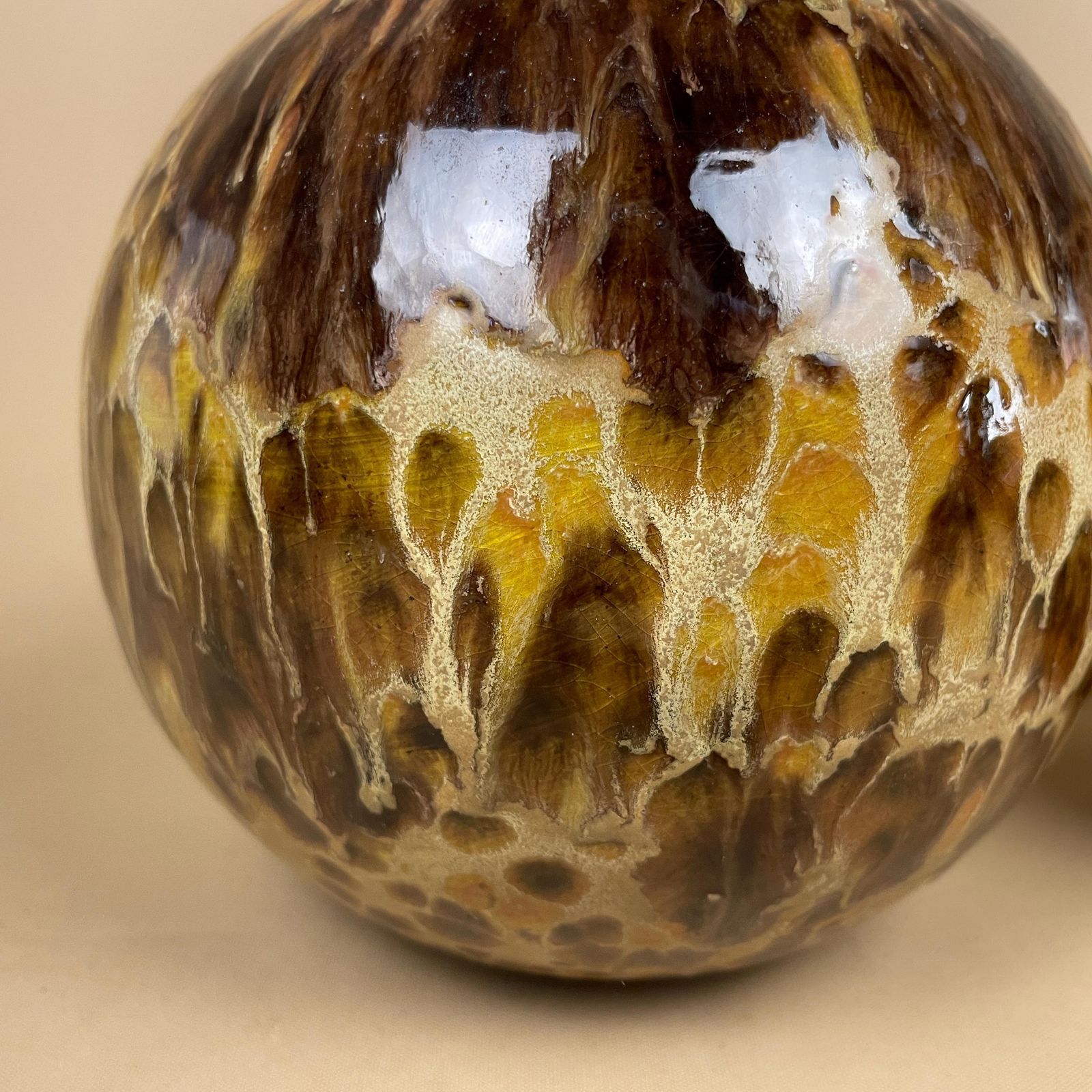 Two Vintage Ceramic Ball Glazed Decorative Round Ball Display Ornament Abstract Brown Beige Glaze Statue Sculpture Circle 2 photo 99.0