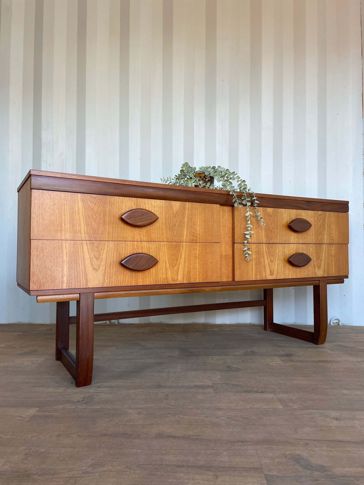 Vintage Teak Mid Century Sideboard – 4 Drawer Scandinavian Style Cabinet With Sculpted Handles – 153cm