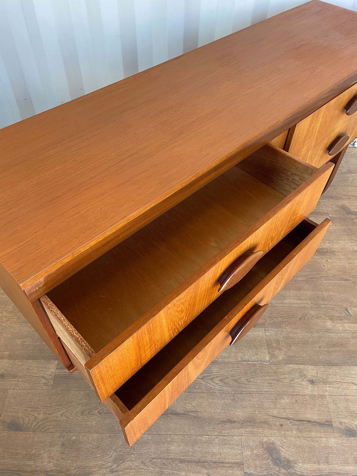Vintage Teak Mid Century Sideboard – 4 Drawer Scandinavian Style Cabinet With Sculpted Handles – 153cm photo buy