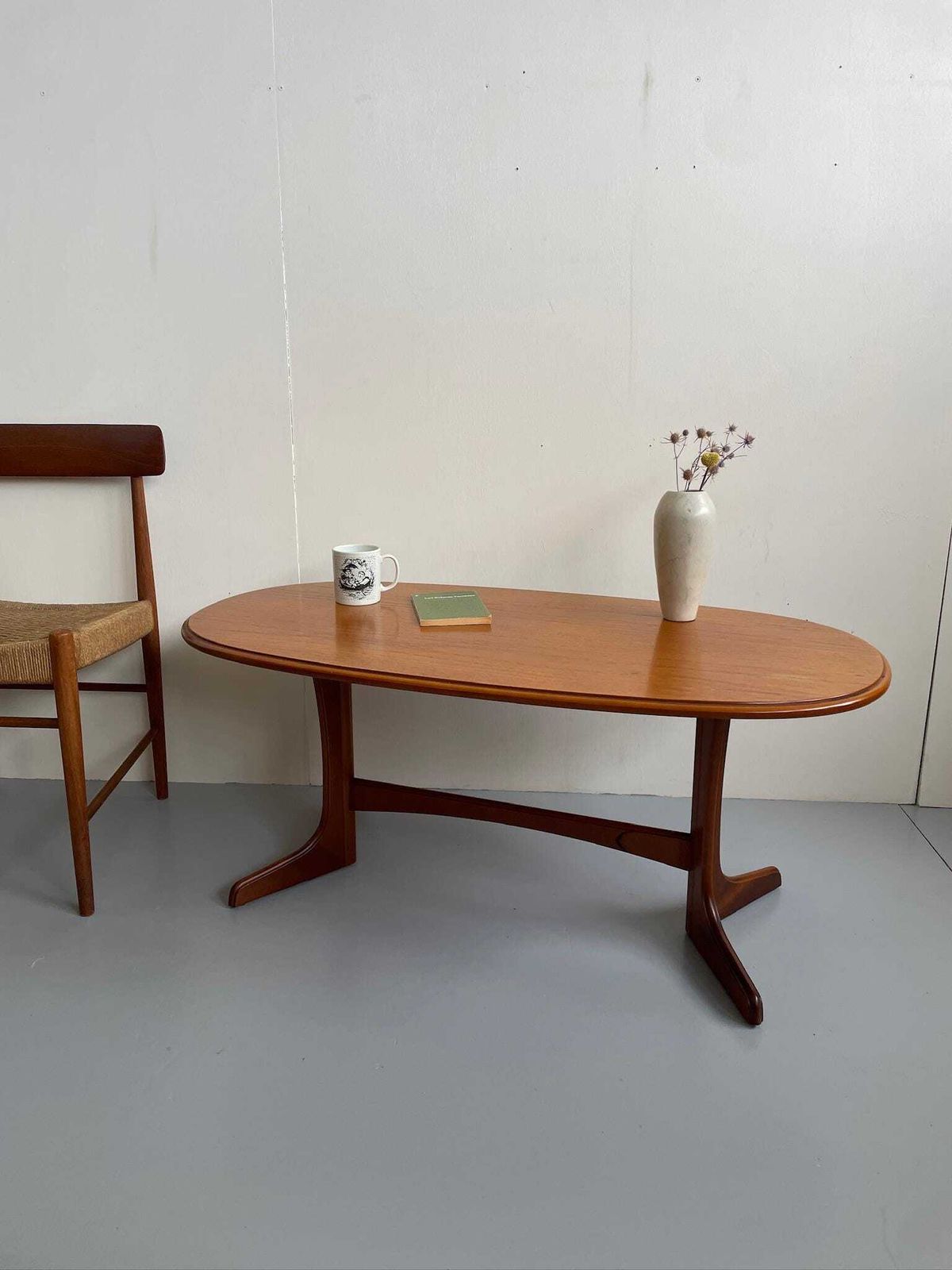 Vintage Oval Wooden Coffee Table With Curved Legs Mid Century Scandi Style photo furniture