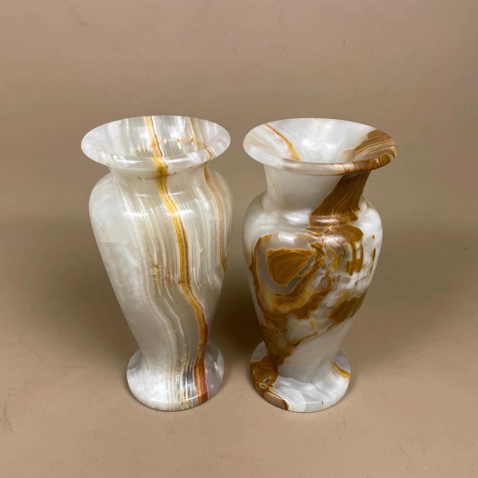 Marble Vases Pots Brown Green Cream Natural Pattern Ornament Vintage Decorative Onyx Hand Carved Stone Pair Tabletop Accent Mantel Decor