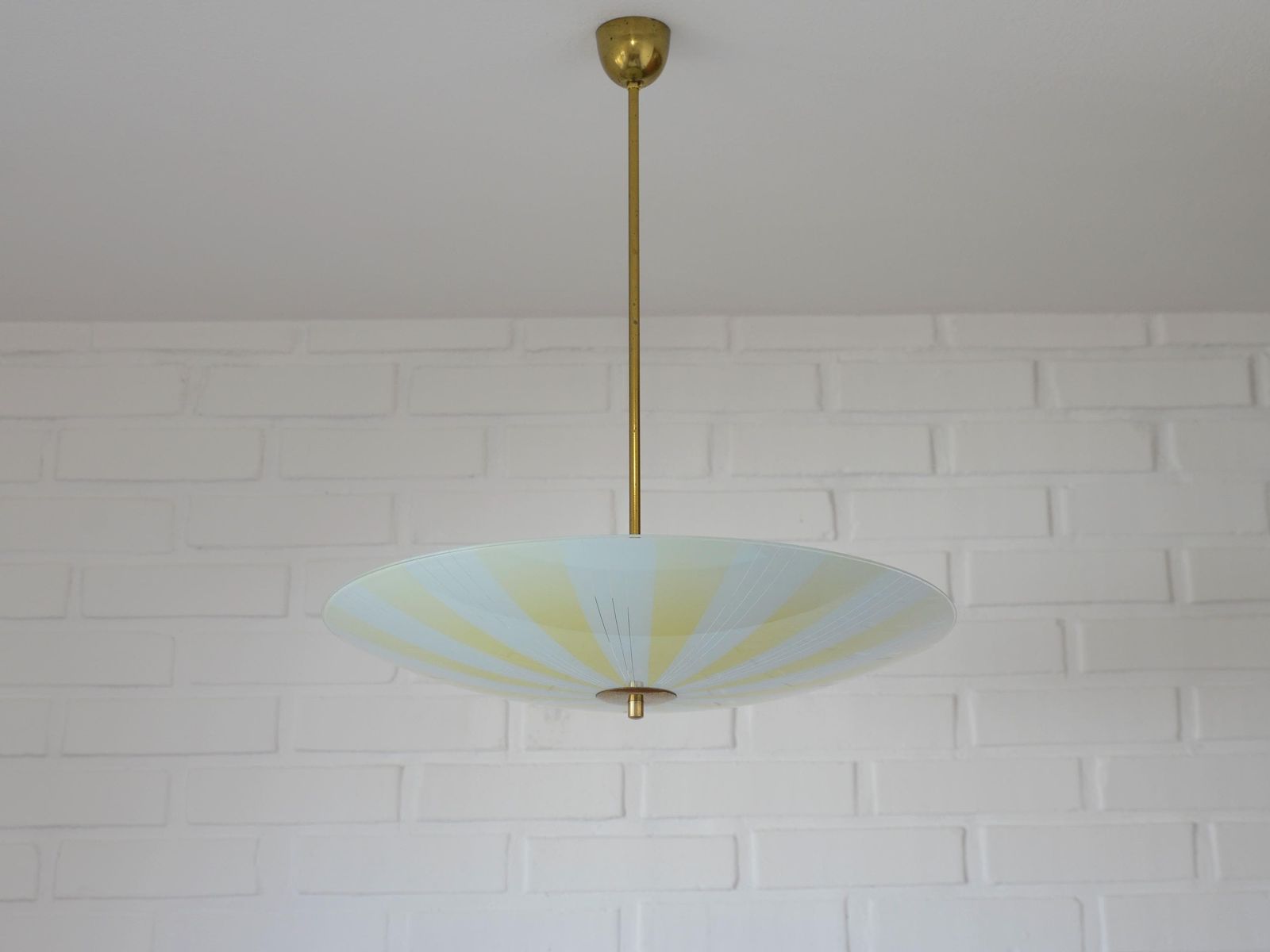 Vintage Sunburst Hanging Lamp / Yellow Glass Chandelier / Saucer Pendant Lamp / Space Age 1950's photo furniture