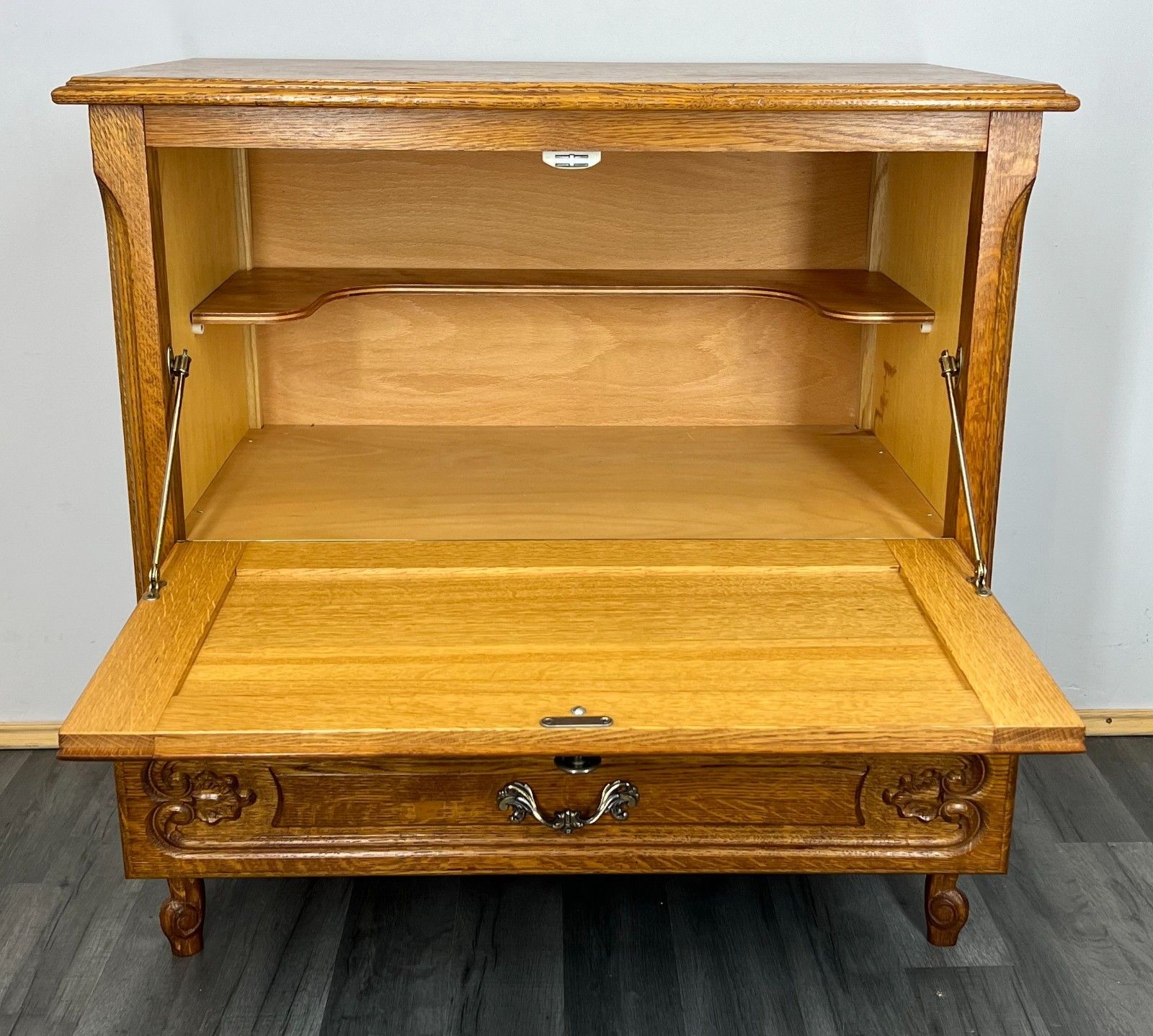 photo furniture Cabinet Vintage French Louis XIV Style Drop Front Oak Carved Sideboard Lot 1812