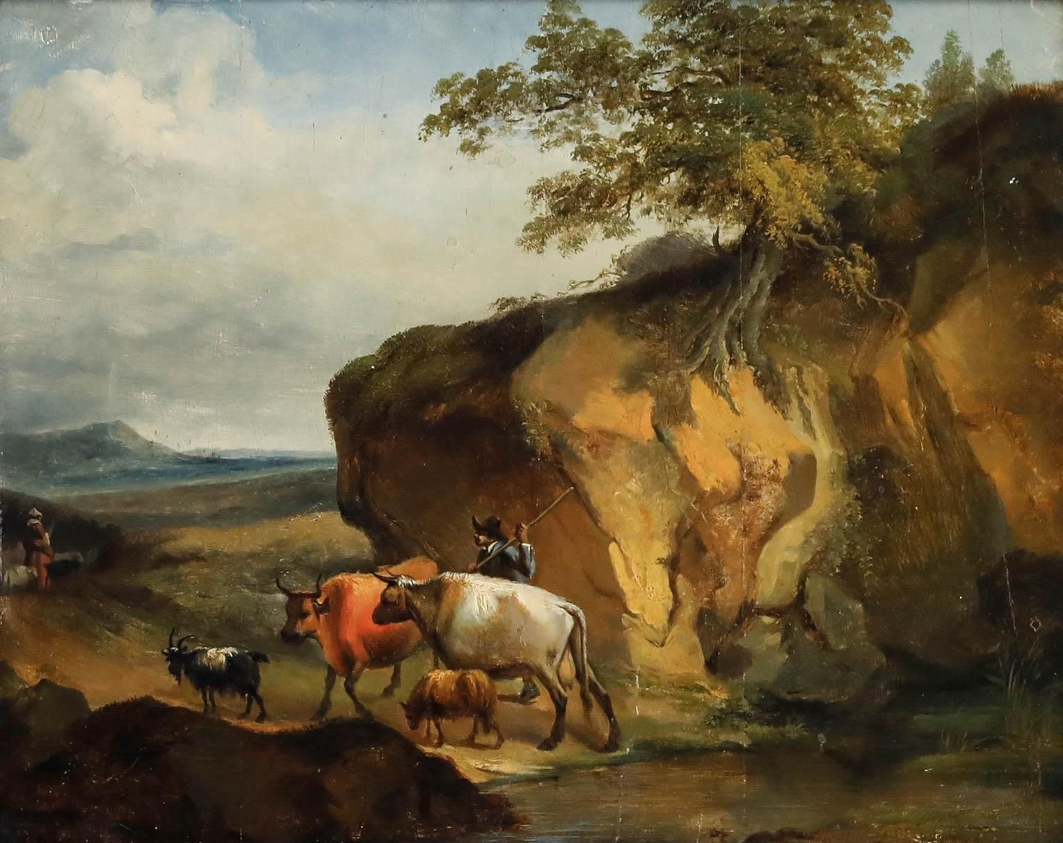 Follower Of Nicolaes Berchem Framed 18th Century Oil, Drover With Livestock photo for sale