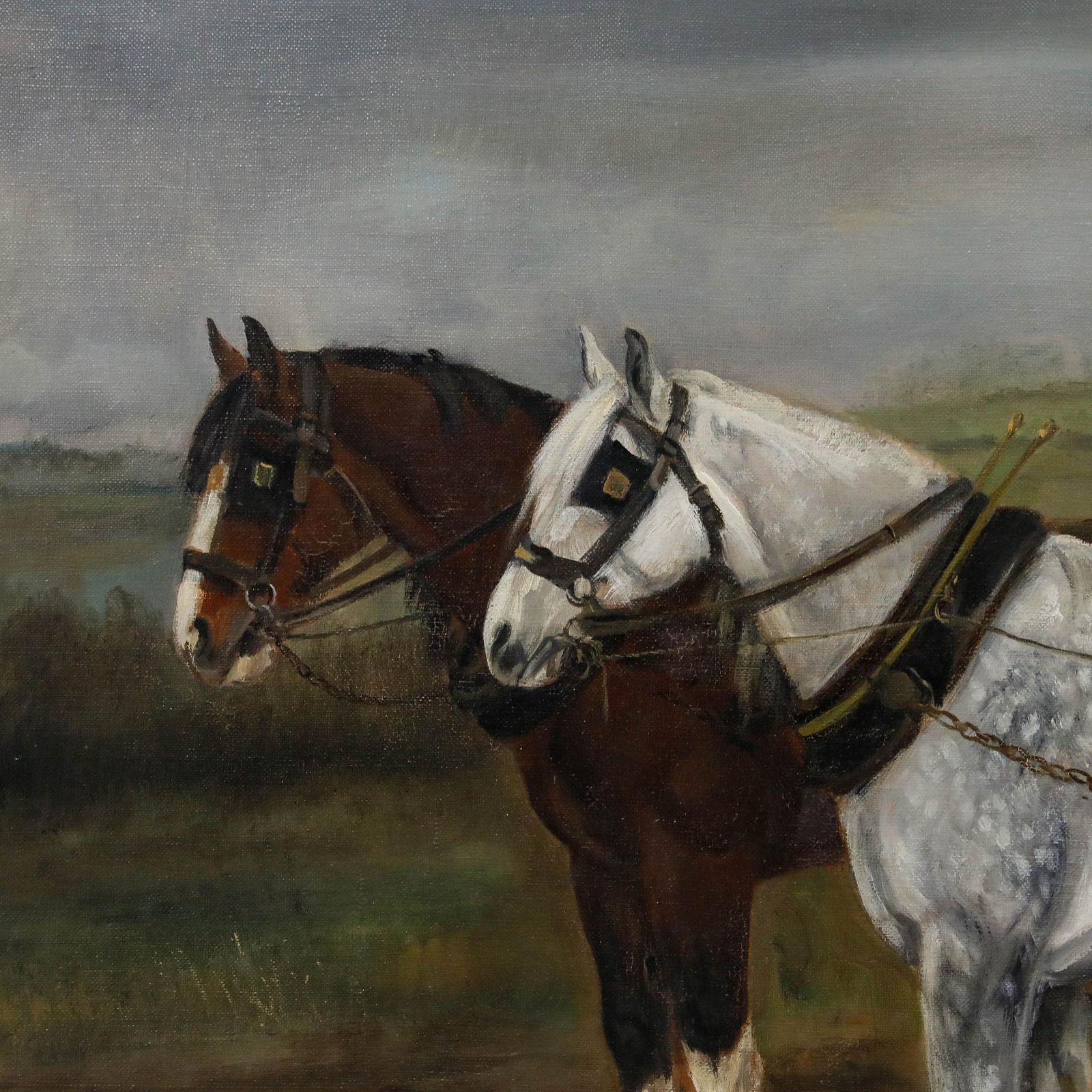 Framed Early 20th Century Oil Ploughing Team In A Landscape photo Art