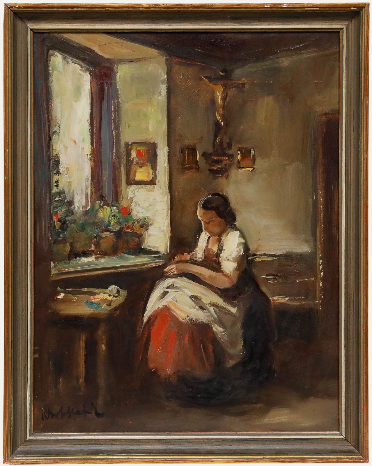 Georg Albert Dorschefeldt (1898 1979) Framed Oil, Mending Clothes