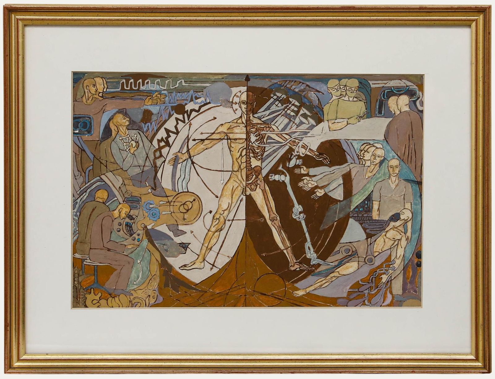 Framed 20th Century Gouache Vitruvian Man Of Medical Science