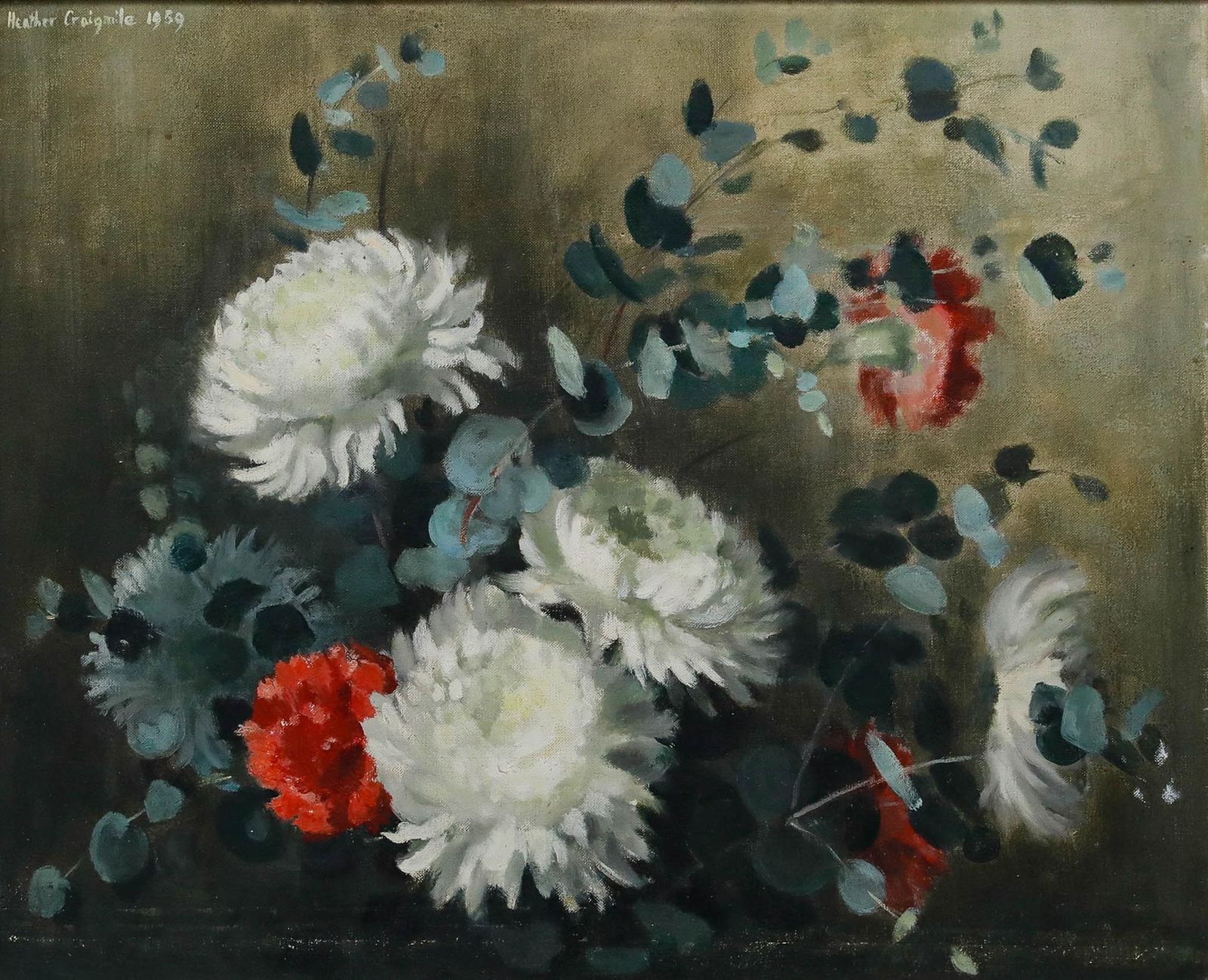 Heather Craigmile (B.1925) Framed Oil, Still Life Of White Chrysanthemums photo furniture