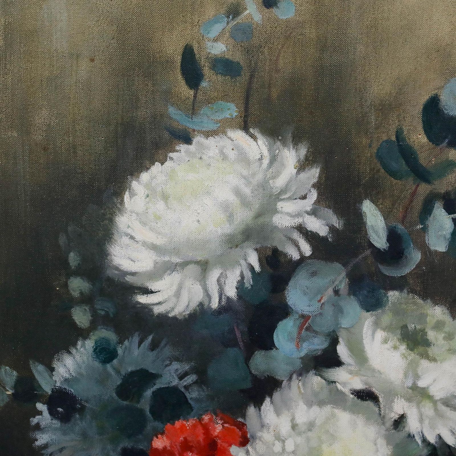 Heather Craigmile (B.1925) Framed Oil, Still Life Of White Chrysanthemums photo Art