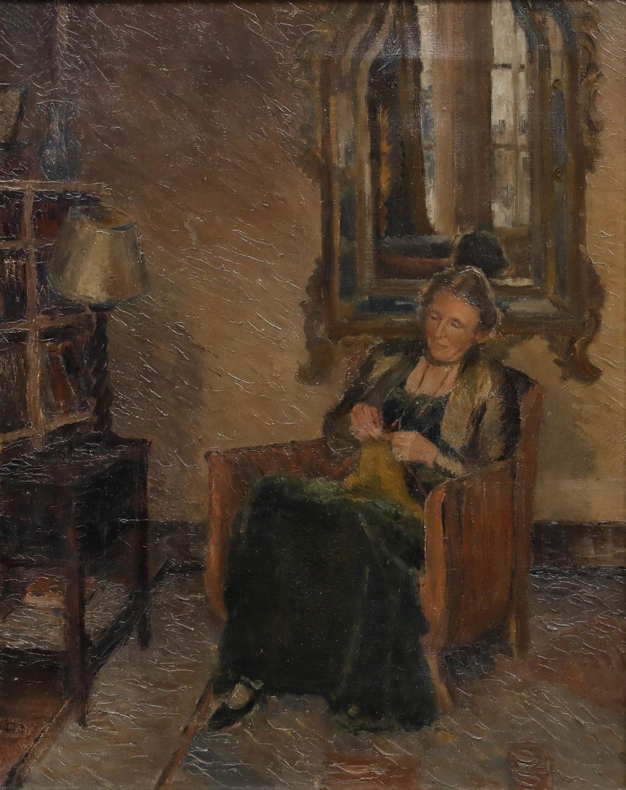 Framed Mid 20th Century Oil Knitting In The Afternoon photo furniture
