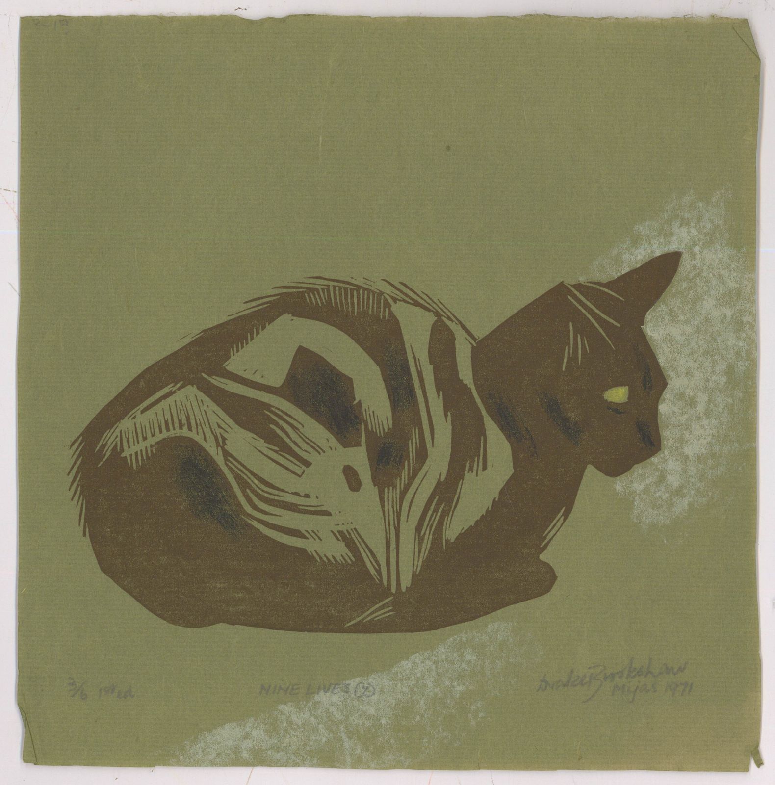 Percy Drake Brookshaw (1907 1993) 1971 Woodcut, Nine Lives 7