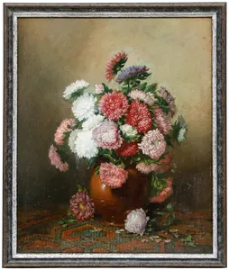 Framed Mid 20th Century Oil Still Life With Chrysanthemums photo furniture