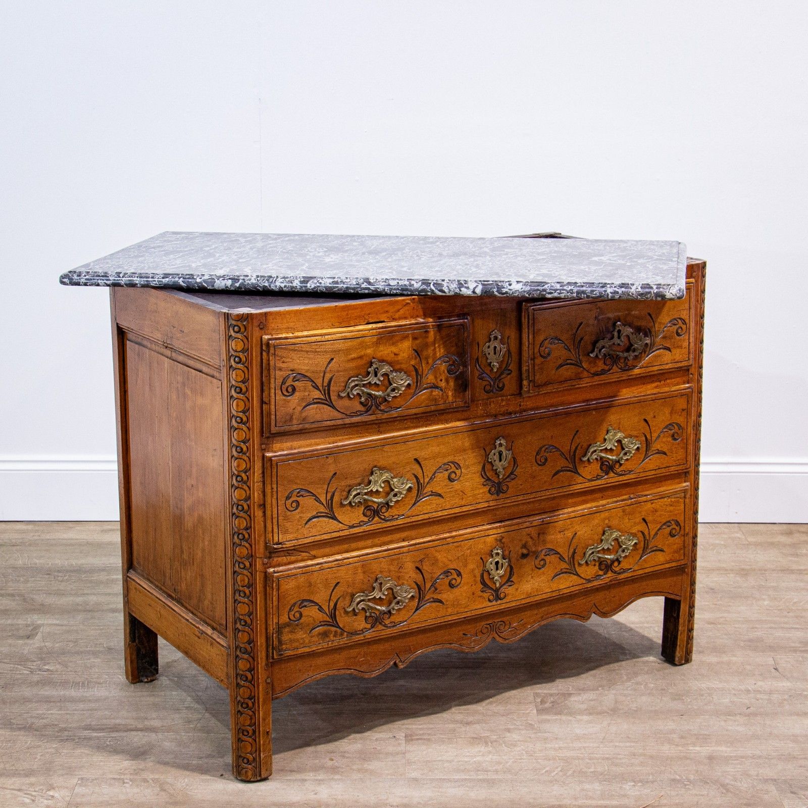 French 18th Century Walnut Louis XV Marble Top Commode photo vinterior
