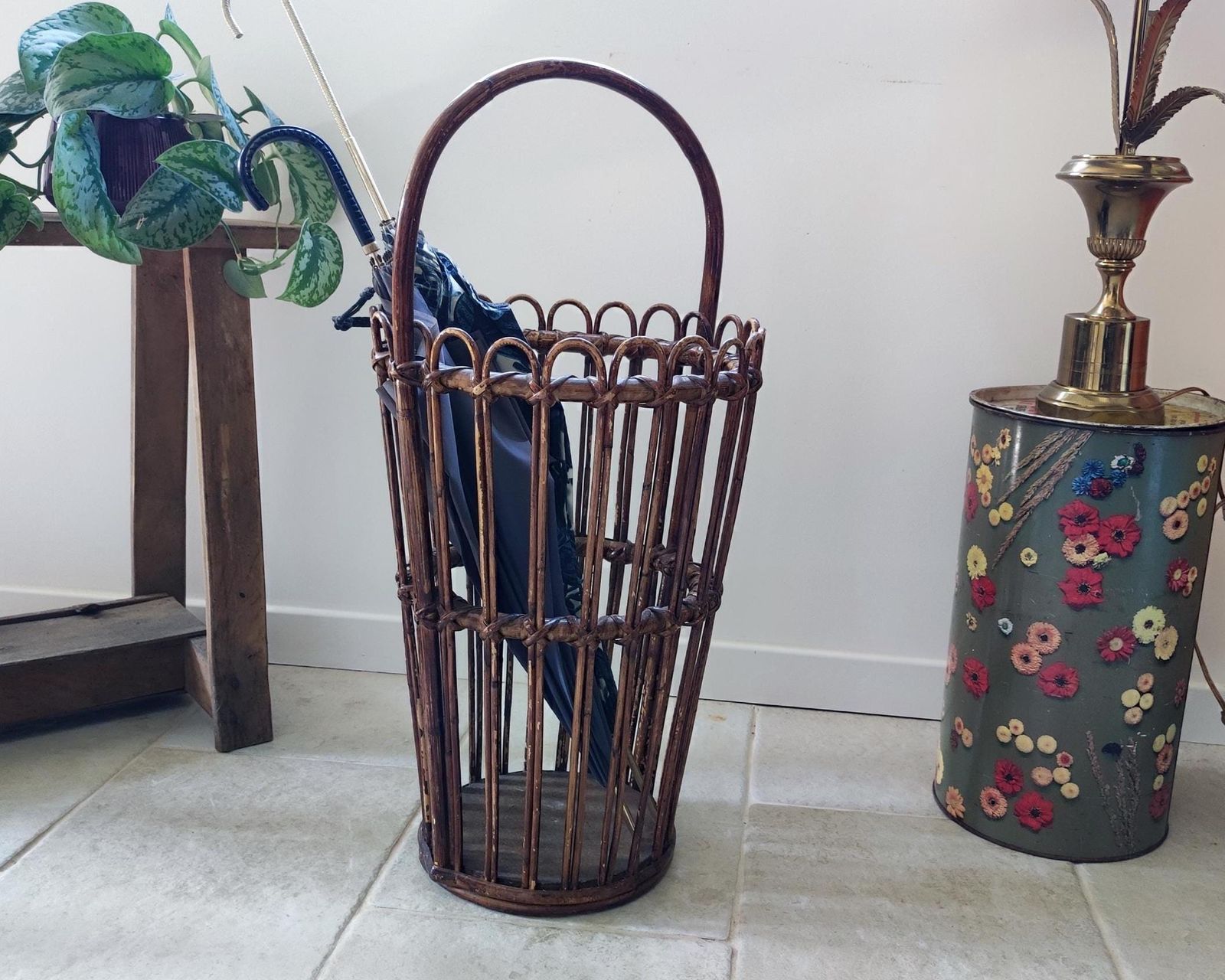 French Mid Century Modern Bamboo Umbrella Stand, 1960s photo furniture
