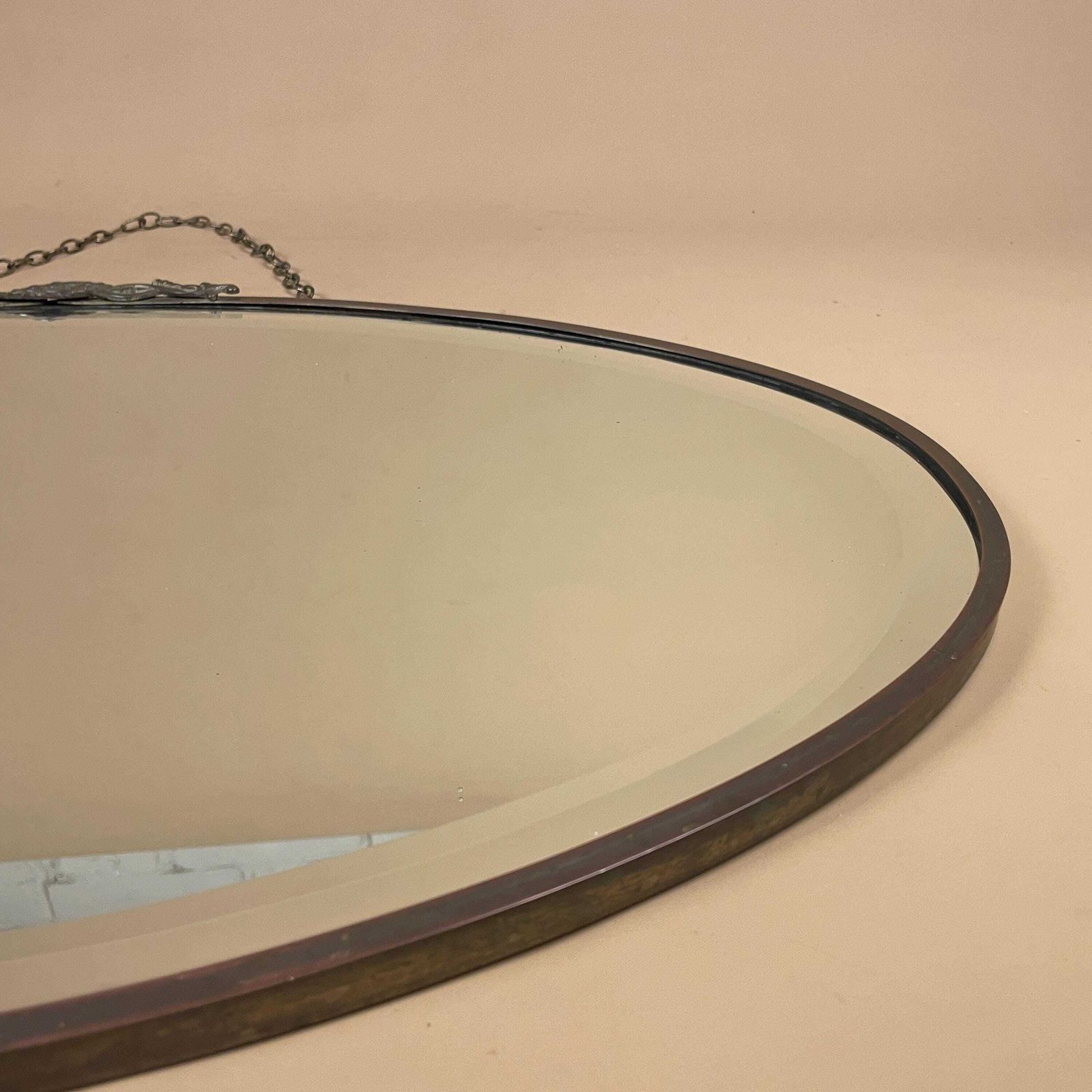 Antique Wall Mirror Oval Metal Frame Bevelled Glass Hanging Chain Vintage 43.5x69.5cm Bedroom Hallway Pattern Border Pewter Silver Ornate photo vintage