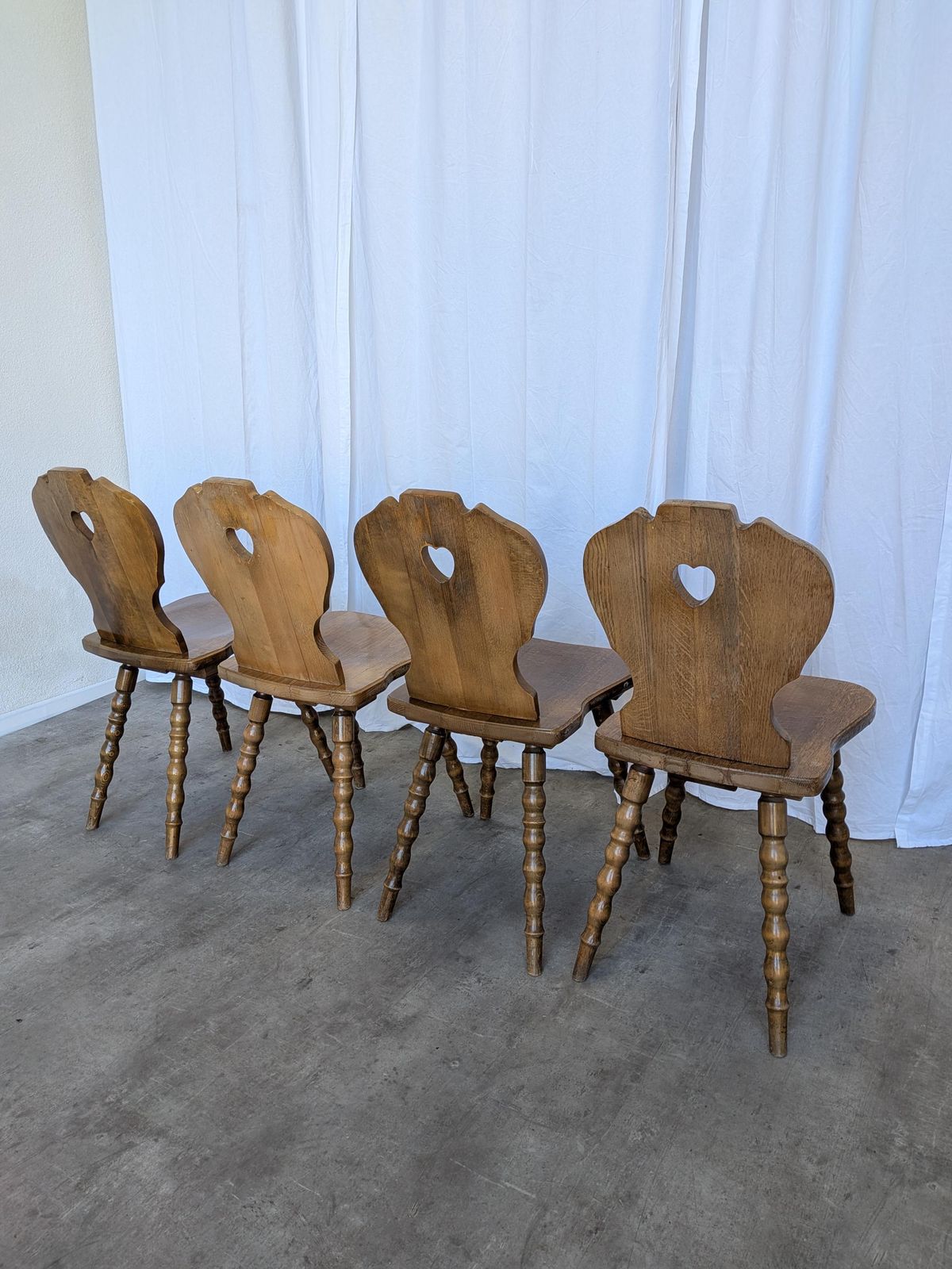 Set Of 4 Vintage Tyrolean Heart Cutout Wooden Dining Chairs / Darker Brown Wood photo for sale