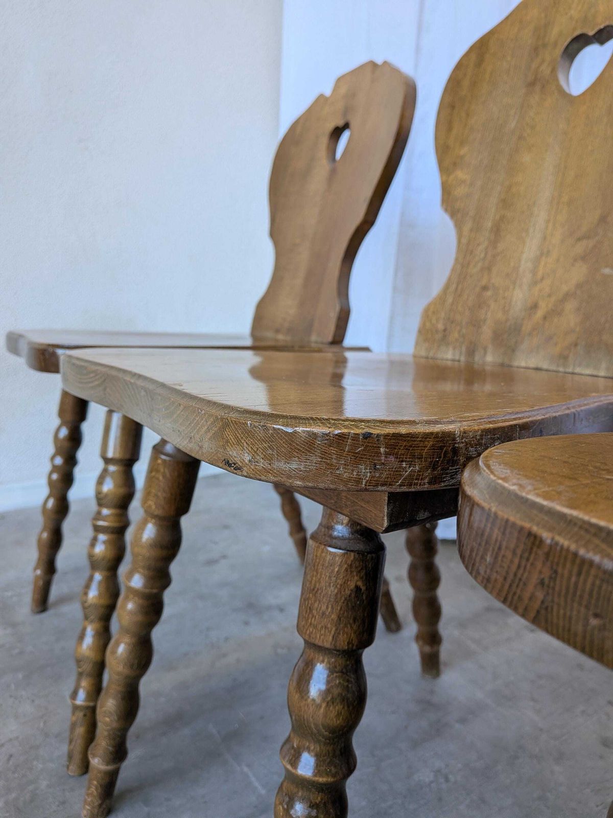 Set Of 4 Vintage Tyrolean Heart Cutout Wooden Dining Chairs / Darker Brown Wood photo buy