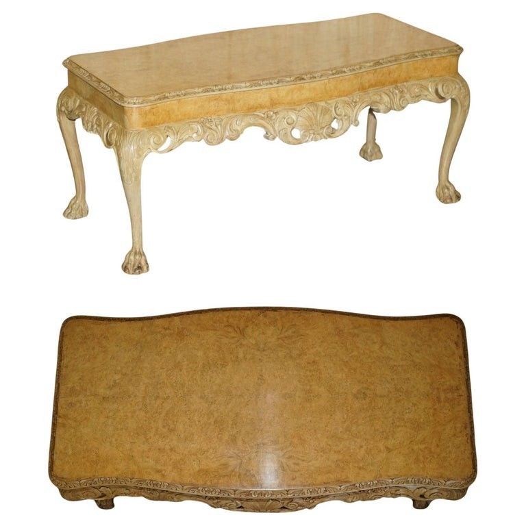 Exquisitely Hand Carved  Burr Walnut Coffee Cocktail Table Lion's Hairy Paw Legs