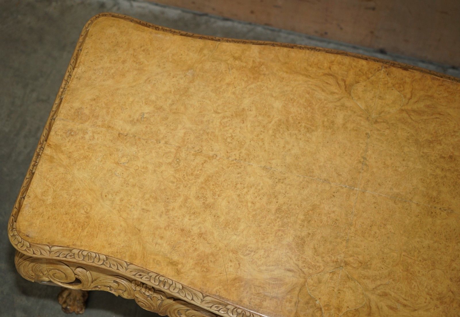 photo for sale Exquisitely Hand Carved  Burr Walnut Coffee Cocktail Table Lion's Hairy Paw Legs