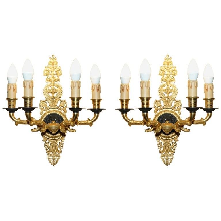 Pair Of Rrp £4,495 L'originale Italy 24ct Gold Plated Four Candle Bronze Sconces