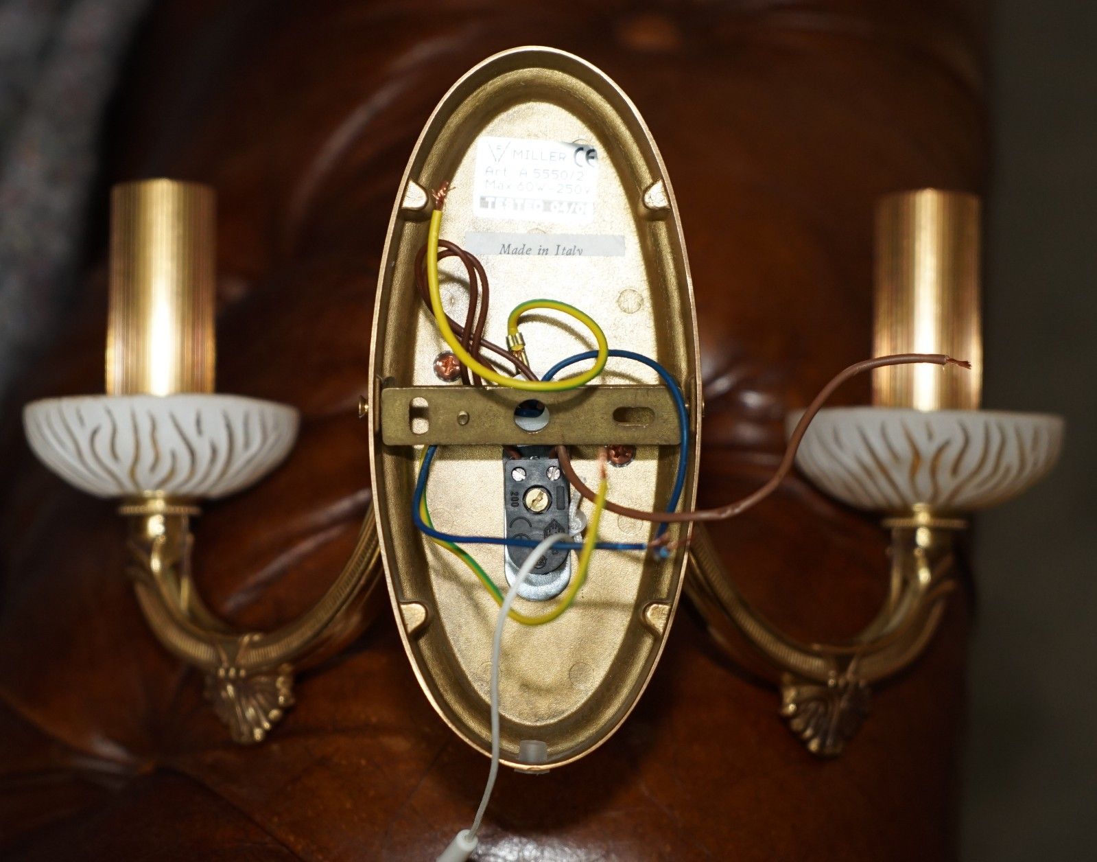 photo for sale Pair Of Lovely Reccagni Made In Italy Brass & Frosted Glass Twin Candle Sconces