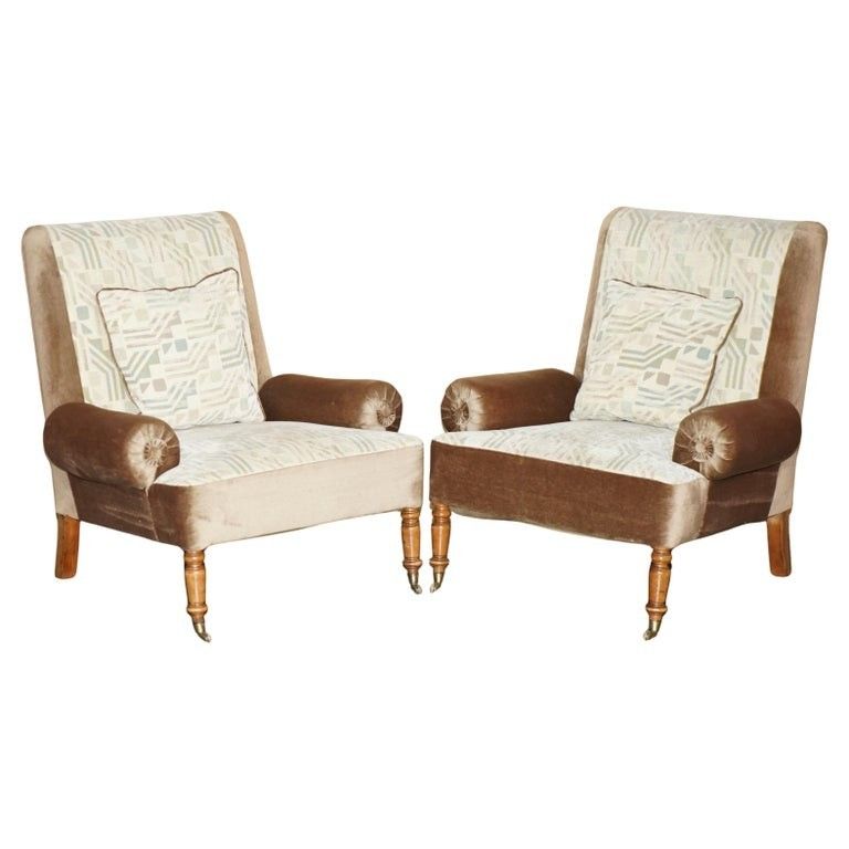Pair Of Antique Edwardian 1910 Walnut Framed Brass Castors Bolster Arm Armchairs