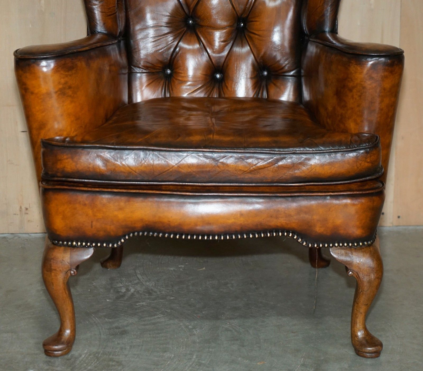 photo for sale Antique Restored Vintage 1920 Brown Leather Wingback Armchair Thomas Chippendale