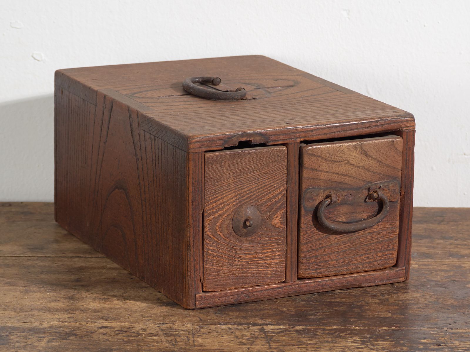 Antique Japanese Wooden Storage Box With Drawer – Meiji–Taishō Period (C.1890–1920)