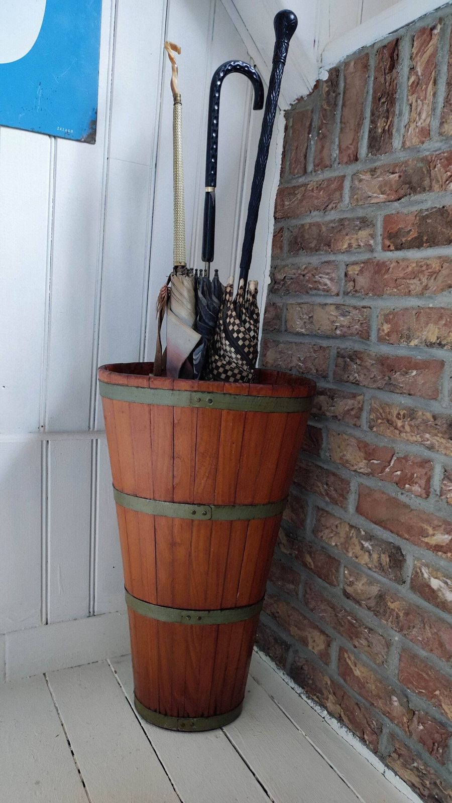 Vintage French Grape Basket, Wood Wine Barrel, Rustic Umbrella Stand photo for sale