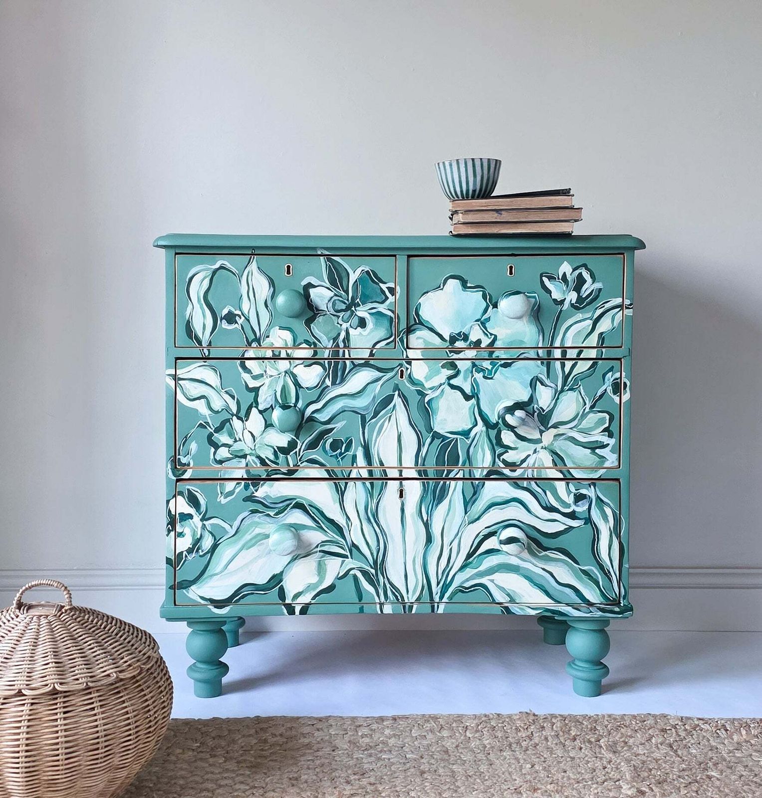 Hand Painted Floral Folk Painted Pine Chest Of Drawers