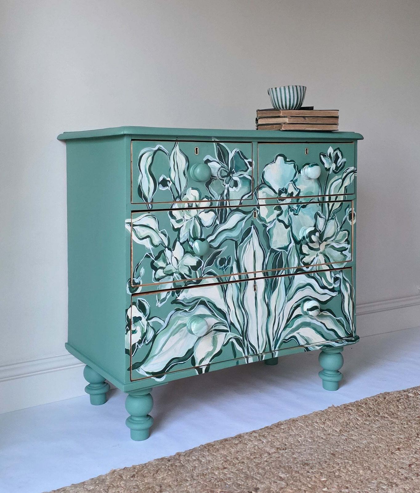 Hand Painted Floral Folk Painted Pine Chest Of Drawers photo for sale