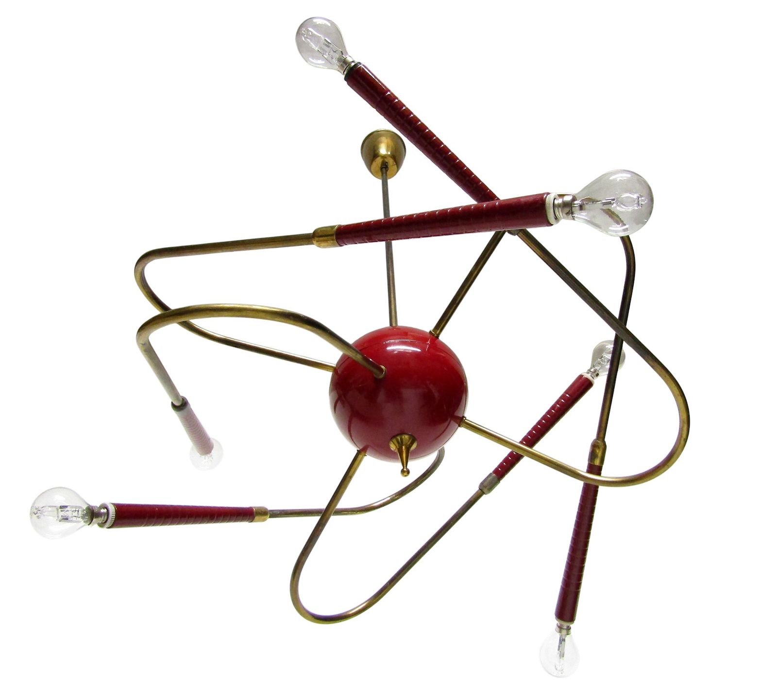 photo for sale Rare Italian 1950s Sputnik Chandelier In Red Enamel & Brass By Stilnovo