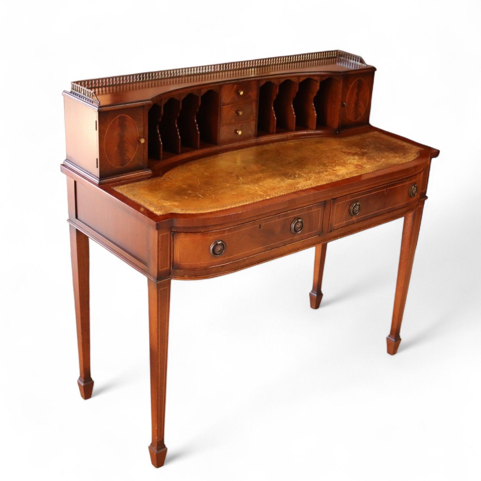Vintage Mahogany Bonheur Du Jour Leather Top Regency Style Writing Desk photo vinterior