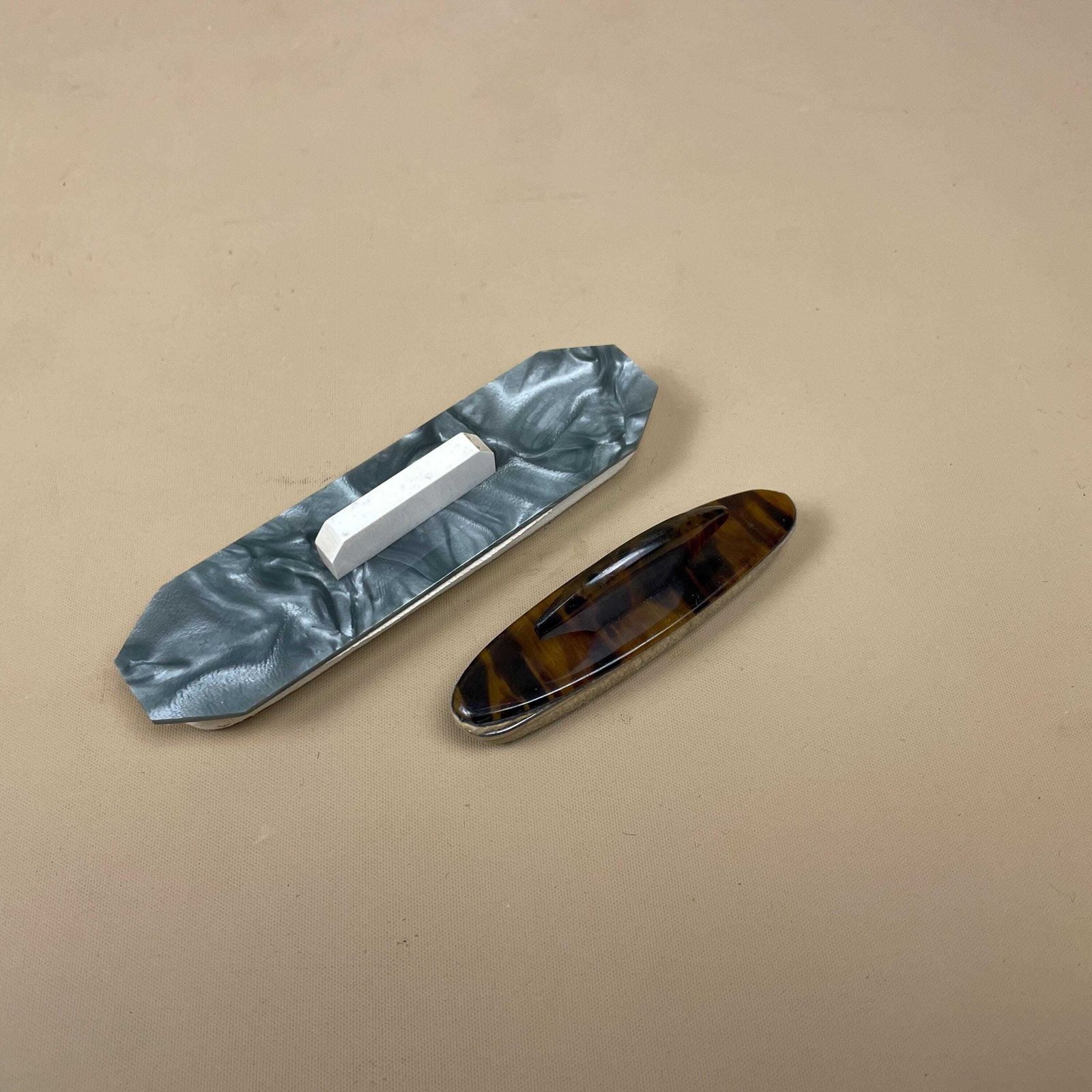 Vintage Nail Buffer Pair Faux Tortoiseshell Plastic Felt Manicure Tools Set X2 Mid Century Vanity Beauty Tools photo for sale