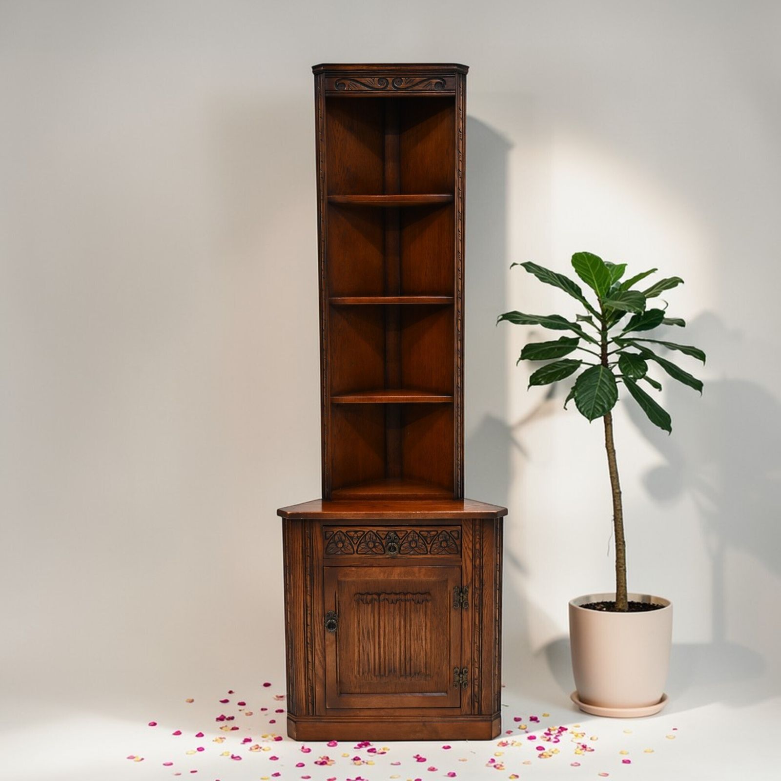 Old Charm Tall Corner Unit With Cupboard And Shelves Carvings Free Uk Delivery