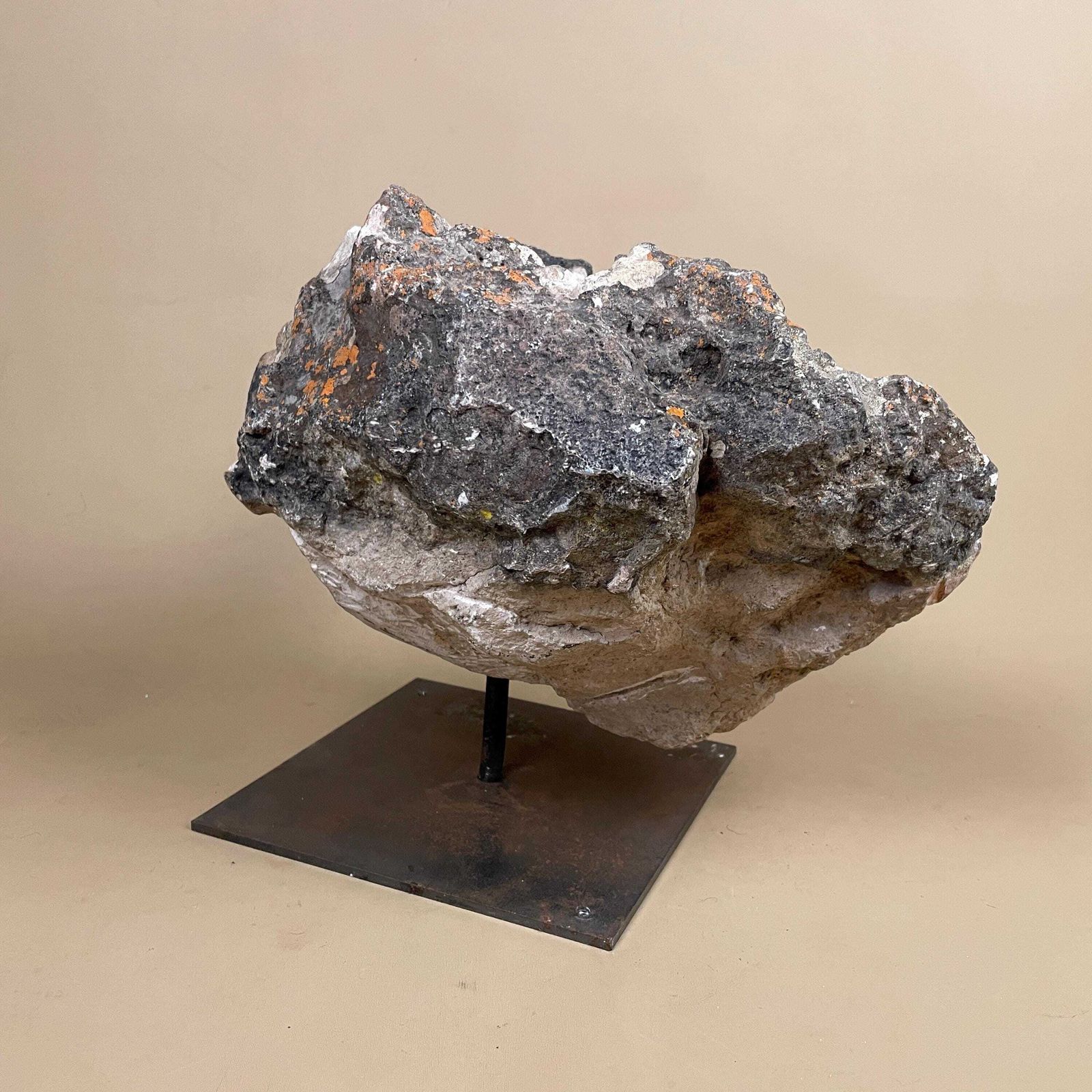 photo for sale Large Natural Fossil Rock Specimen On Metal Stand Heavy Display Piece Art Museum Decor Mineral Collection Curio Display Stone