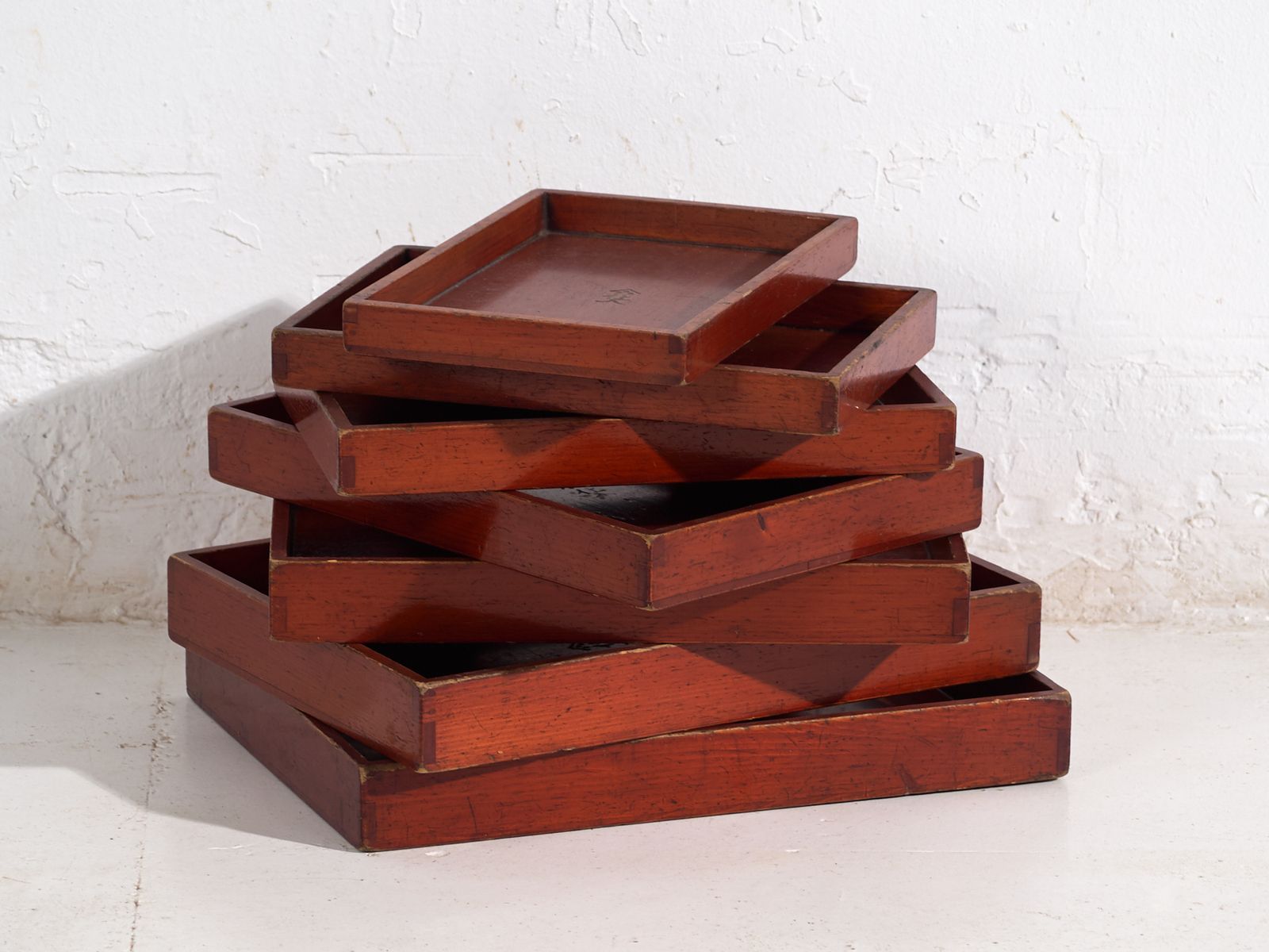 Antique Japanese Wooden Serving Trays Set Of 7 – Taishō–Showa Period (C.1910–1940)